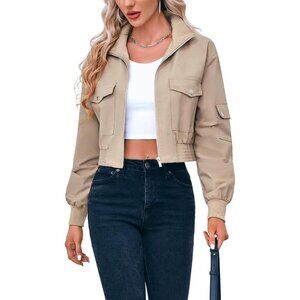 Women's Khaki Short Bomber Jackets Stand Collar Zip Up Long Sleeve Lightweight